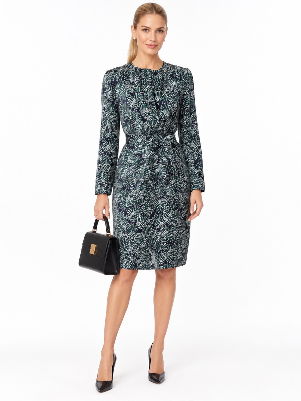St. John 100% Silk Leaf Print Belted Dress XS